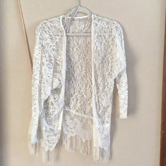 Tops - SHEER OPEN LACE WHITE ROBE with fringe detailed hem Never worn, no snags. XS/S